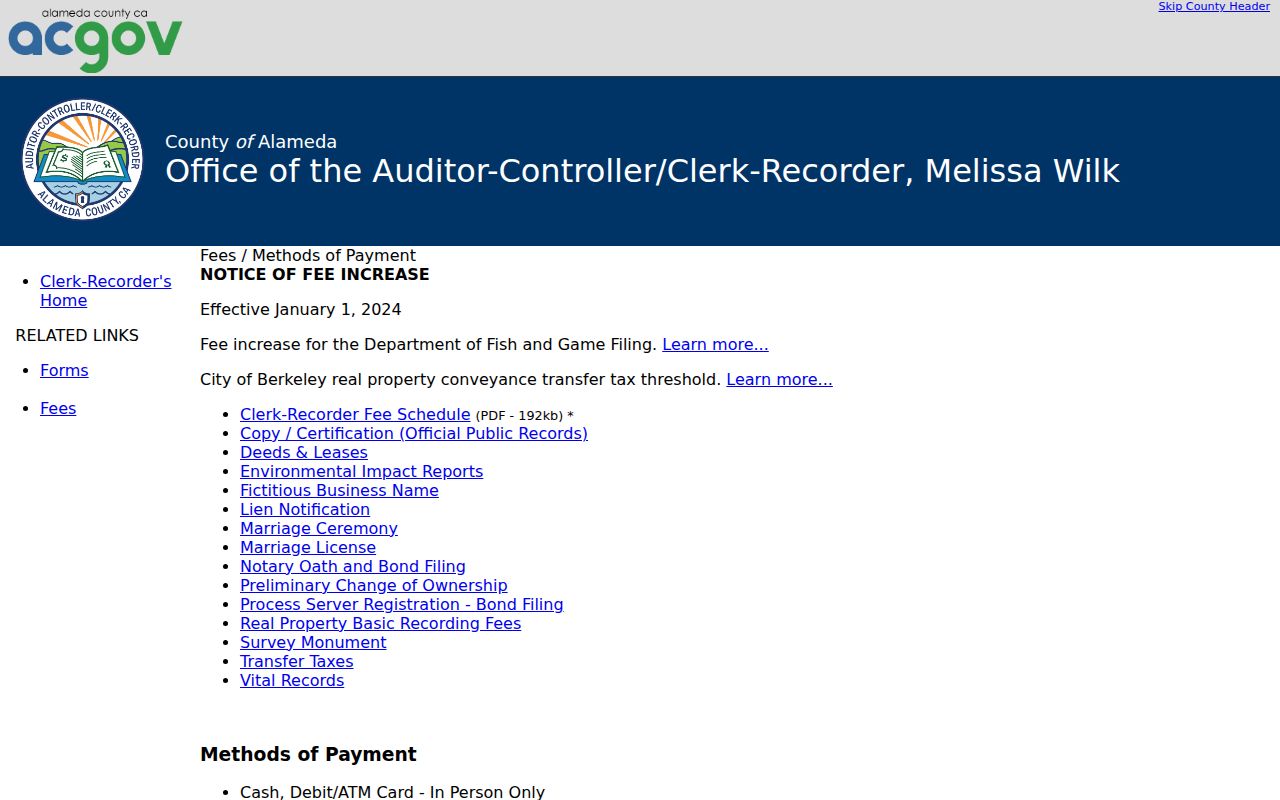 Albany previous residents research using the Alameda County Clerk-Recorder fee schedule