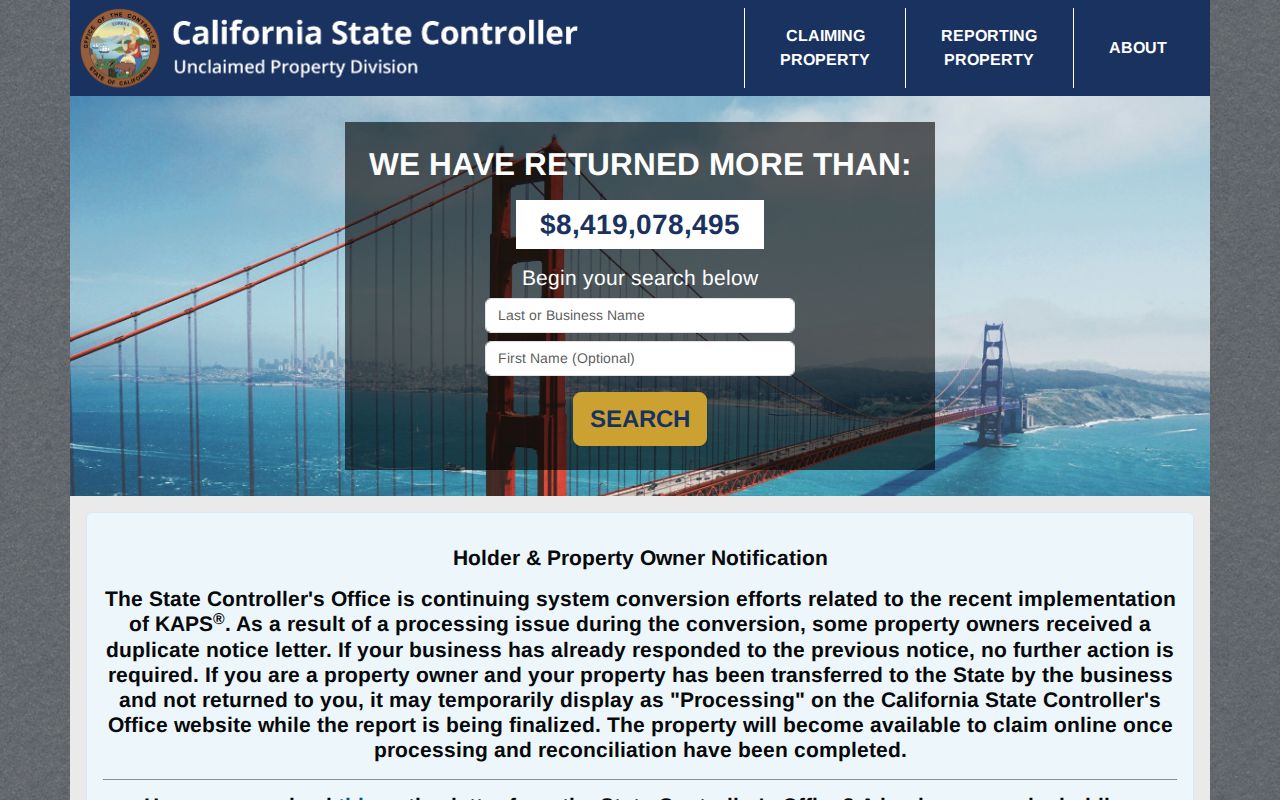 Albany resident lookup view of California unclaimed property search